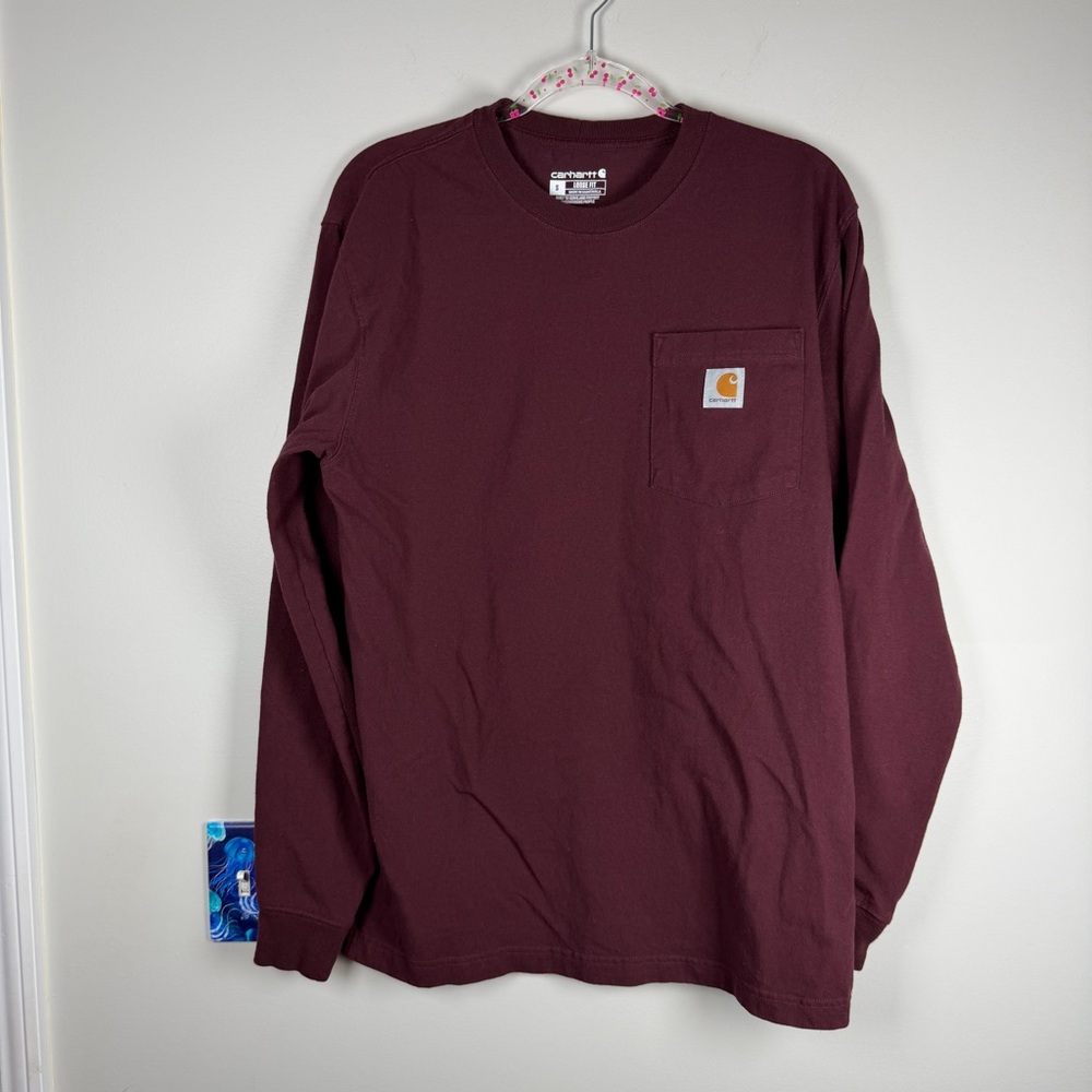 Carhartt Pocket Long Sleeve T-Shirt Mens Small Maroon Red Original Fit Workwear